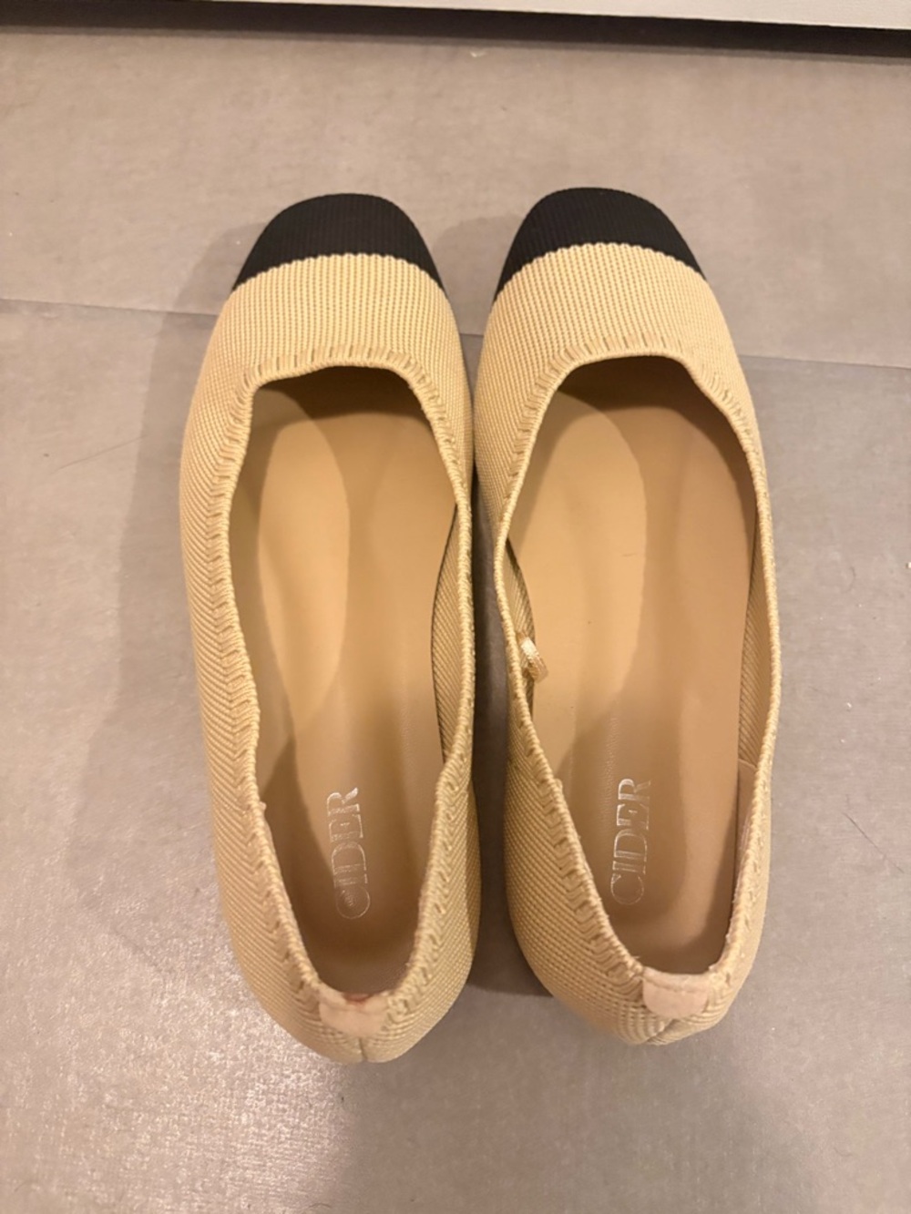 Beige Knit Ballet Flats with Black Toe Cap - Women
